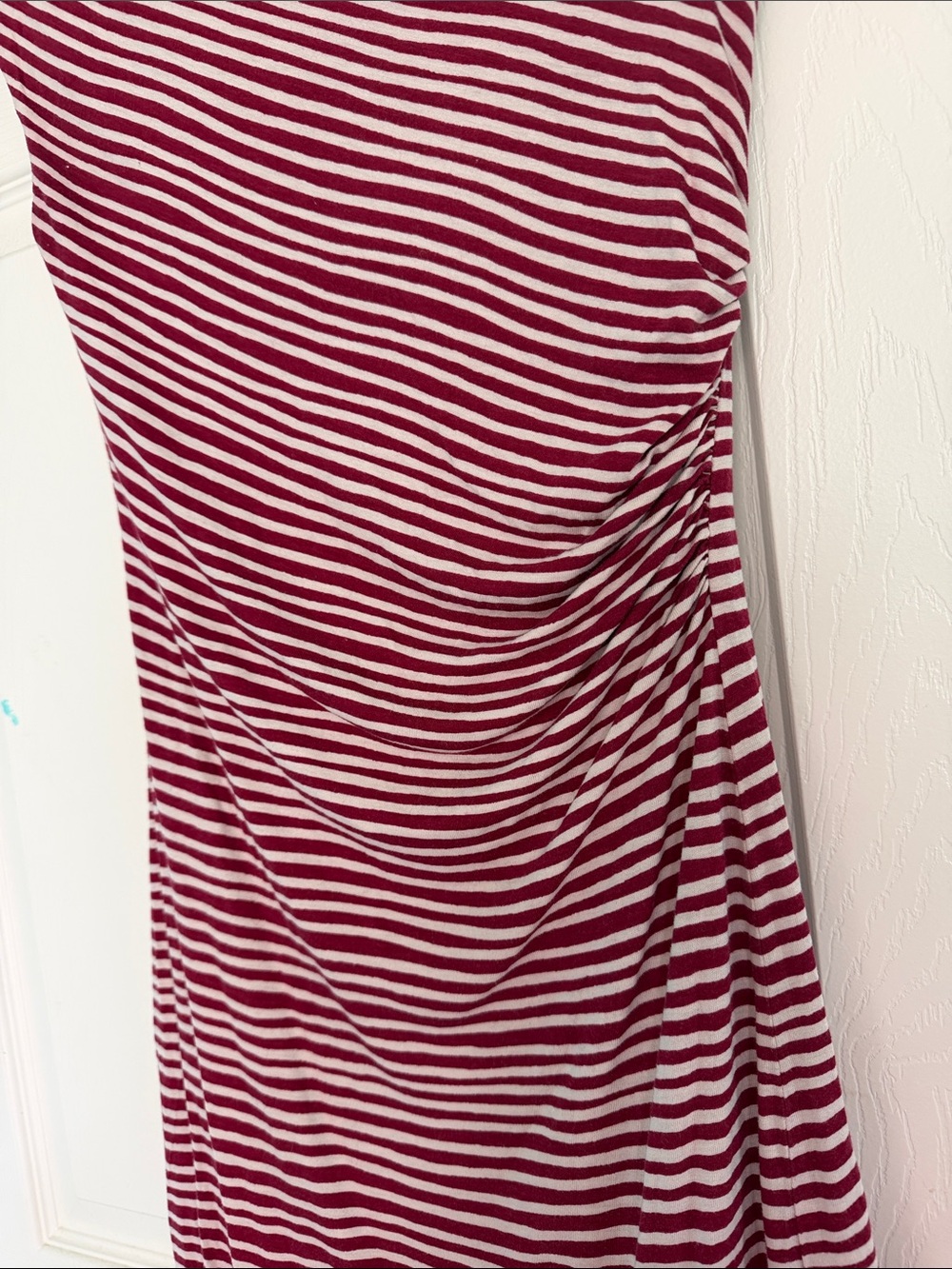 LOFT Wine Red and White Striped Cap-Sleeve Ruched Midi Dress - Picture 4 of 7
